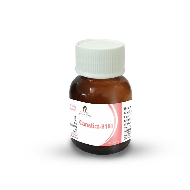 Brown bottle with a white cap labeled "Paarmi Cares: Canatica-H100" for 30 tablets on a white background.