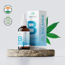 Load image into Gallery viewer,  A brown glass bottle with a white dropper cap labeled &quot;Cannavedic Canna Balance&quot; next to its packaging box, displayed on a stone slab with cannabis leaves in the background.
