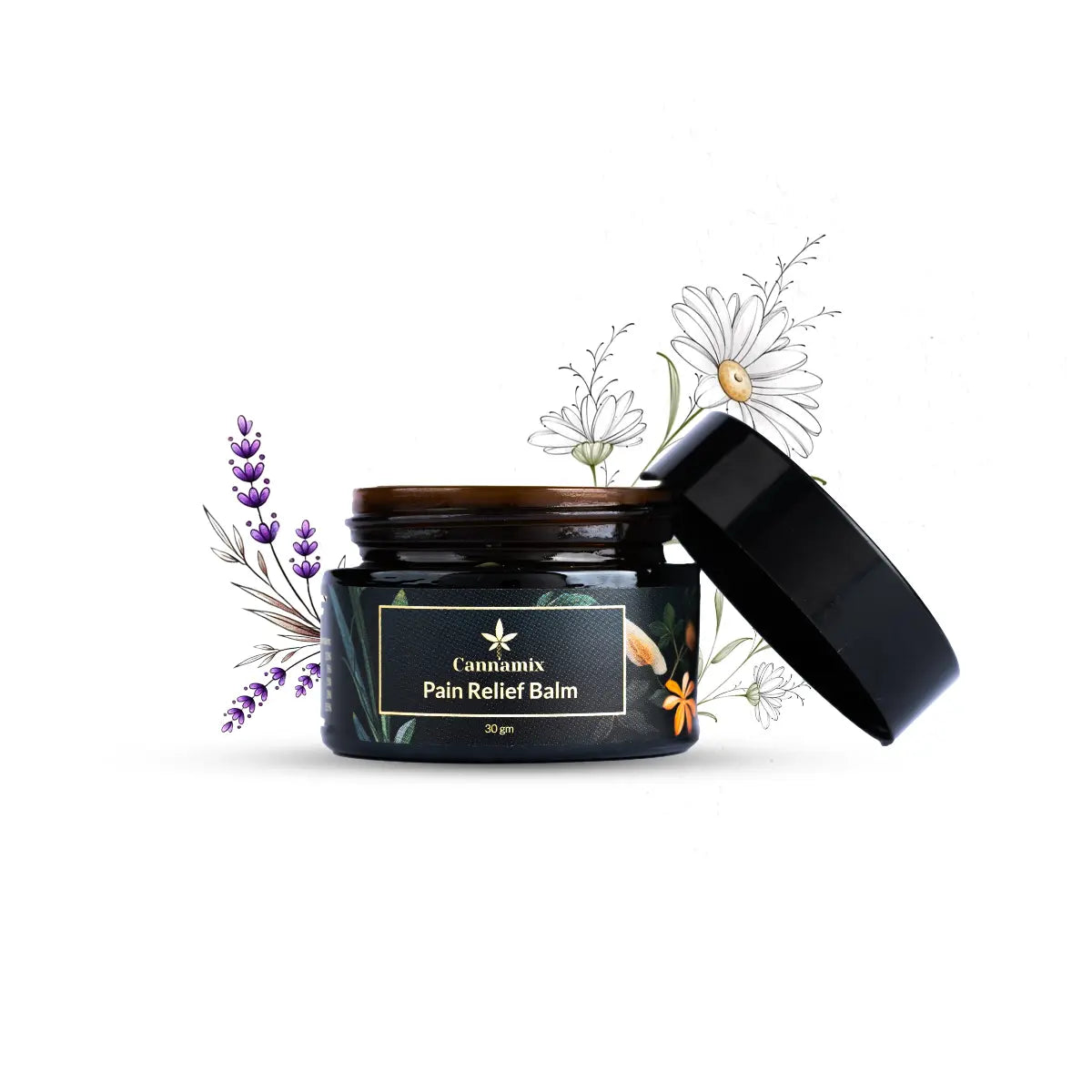Jar of Cannabis Pain Relief Balm with floral elements on a white background