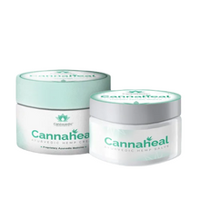 Load image into Gallery viewer, Two containers of Cannaheal products, one larger labeled as Ayurvedic Hemp Cream and a smaller one as Ayurvedic Hemp Salve.
