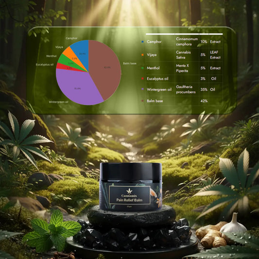 Cannabis pain relief balm jar with ingredient chart in a forest setting