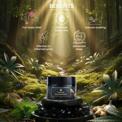 Cannabis Pain Relief Balm jar with forest background and benefits listed