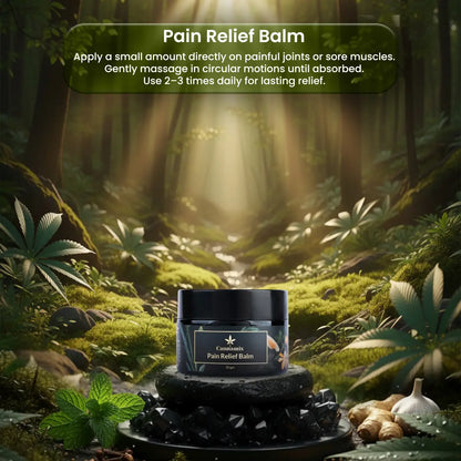 Pain Relief Balm jar with forest background