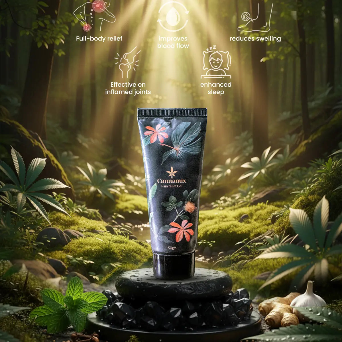 Cannamix product tube in a forest setting with wellness benefits listed