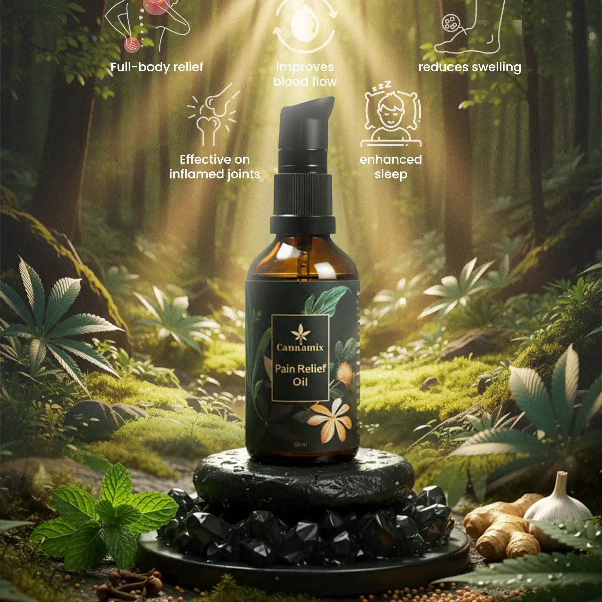 Pain relief oil bottle with forest background and benefits listed