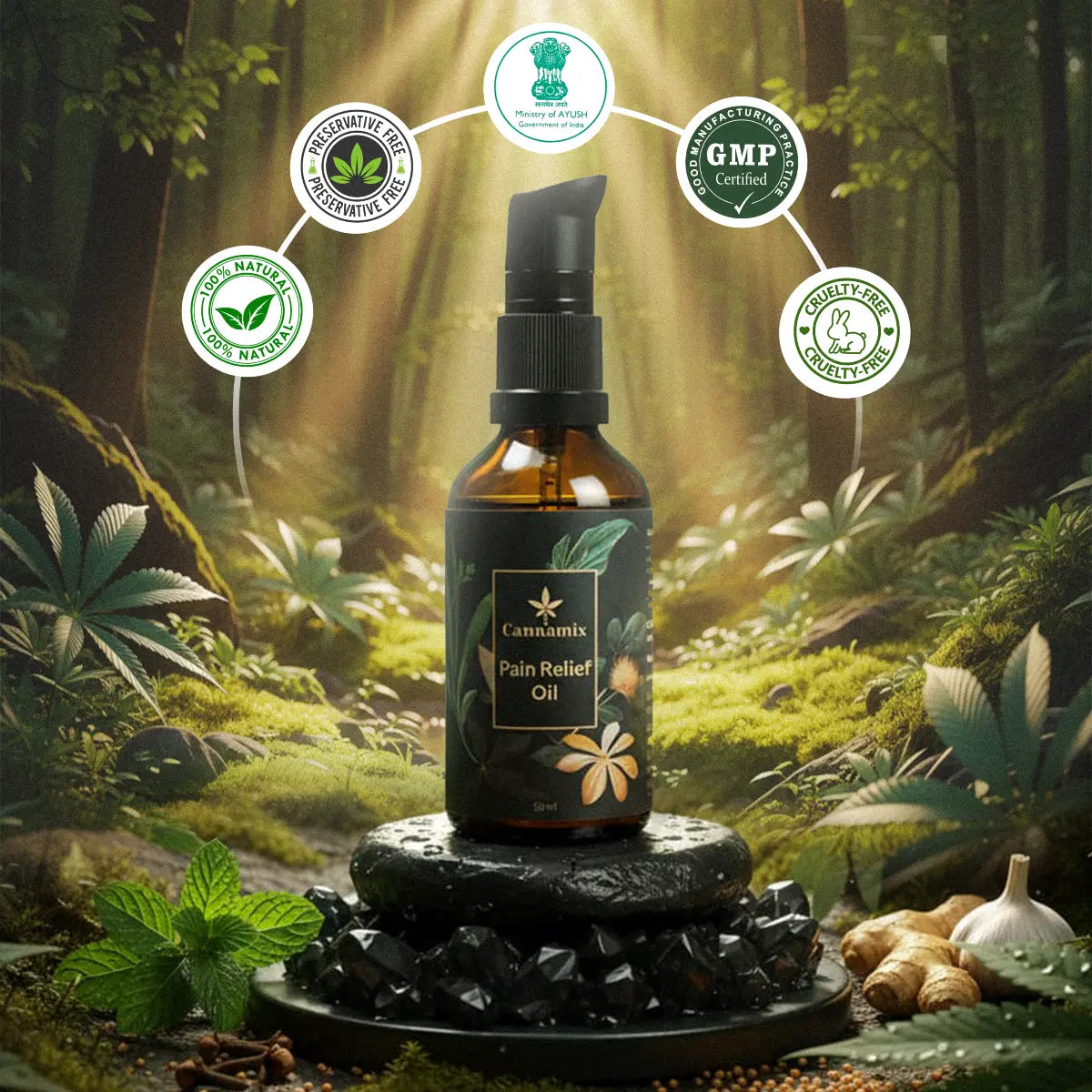 Bottle of Cannamix Pain Relief Oil with natural elements in a forest setting