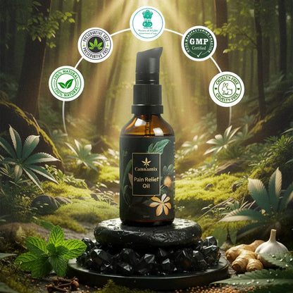 Bottle of Cannamix Pain Relief Oil with natural elements in a forest setting