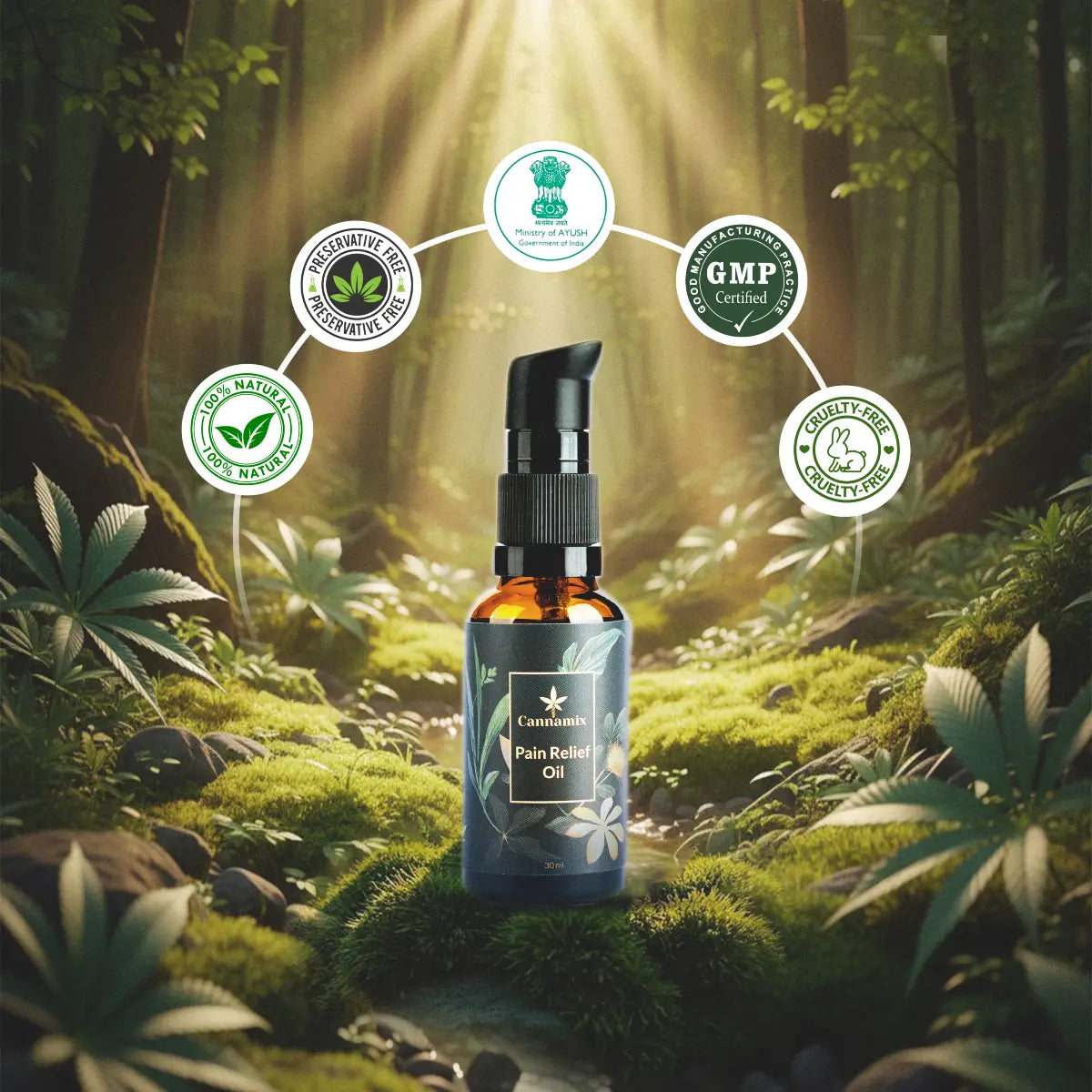 Bottle of Pain Relief Oil in a forest setting with certification icons.