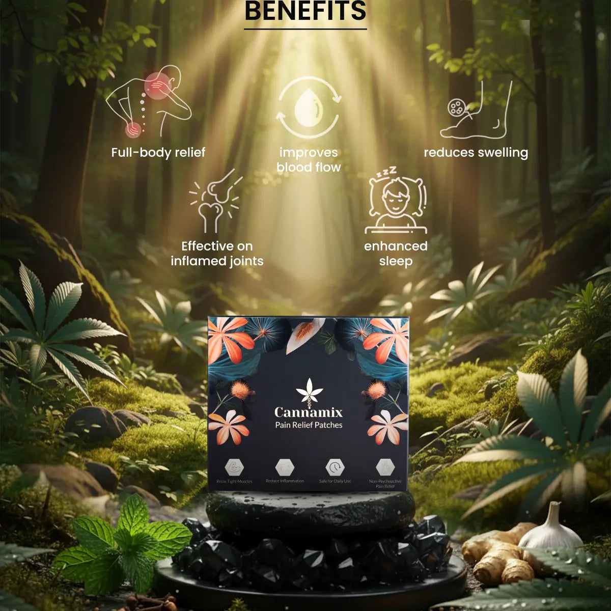 Cannabis pain relief patches packaging with forest background and benefits listed.