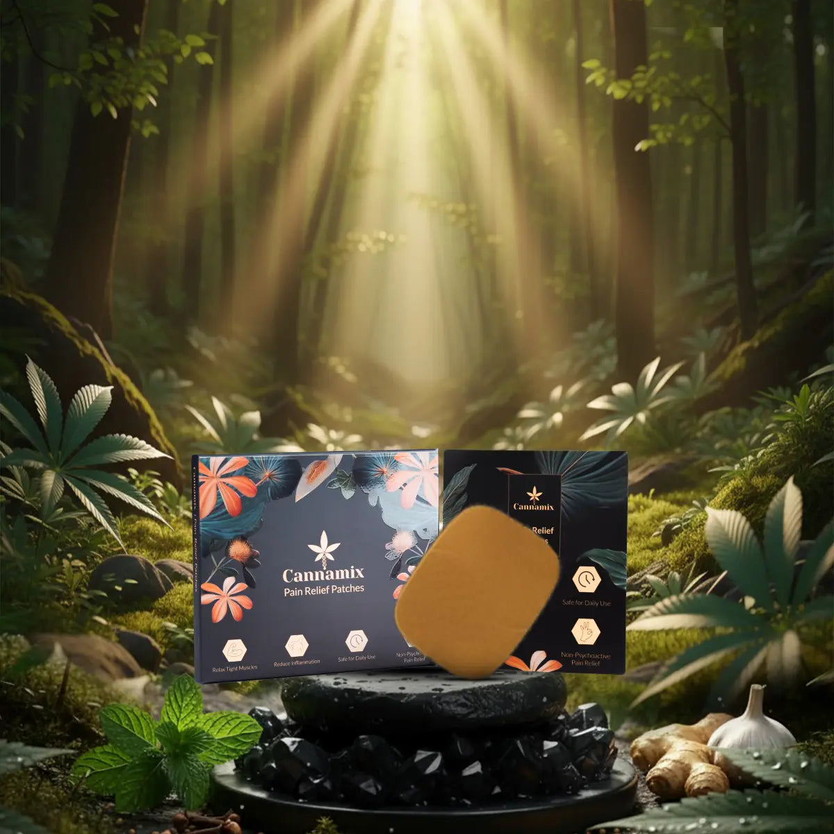 Cannamix pain relief patches with packaging in a forest setting