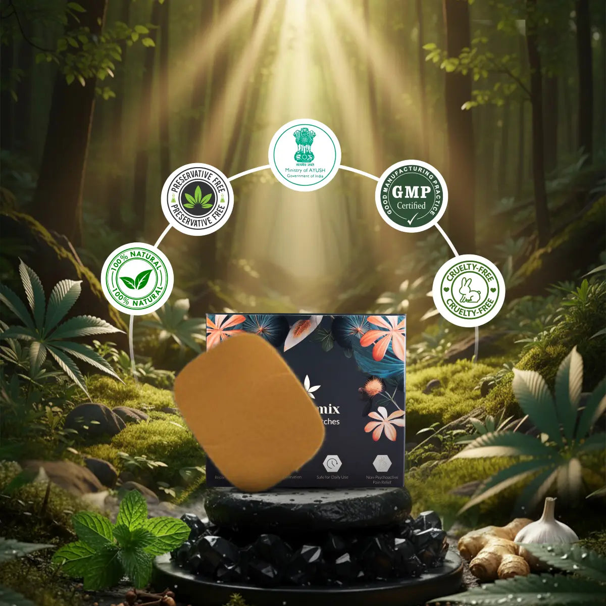 Product packaging with certification logos in a forest setting