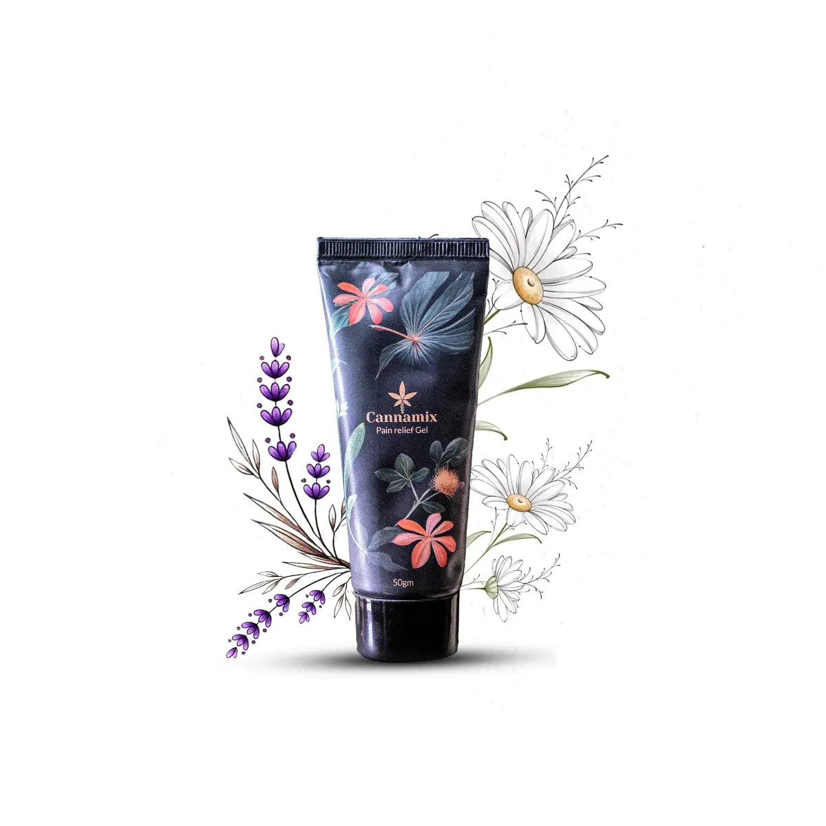 Cannamix Pain Relief Gel tube with floral design on a white background