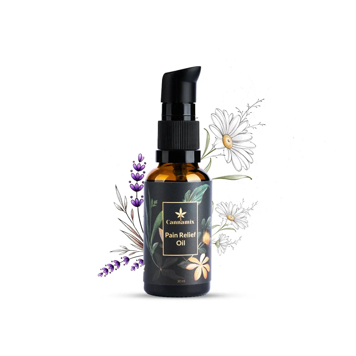 Cannamix Pain Relief Oil bottle with floral elements on a white background