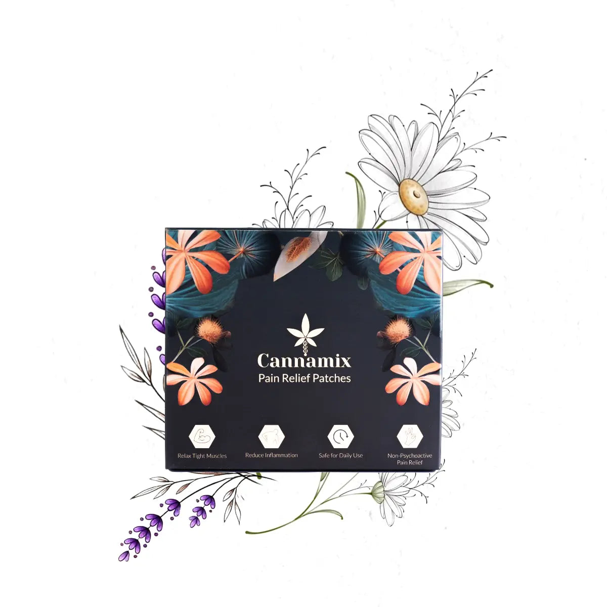 Cannamix Pain Relief Patches packaging with floral designs on a white background