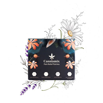 Cannamix Pain Relief Patches packaging with floral designs on a white background