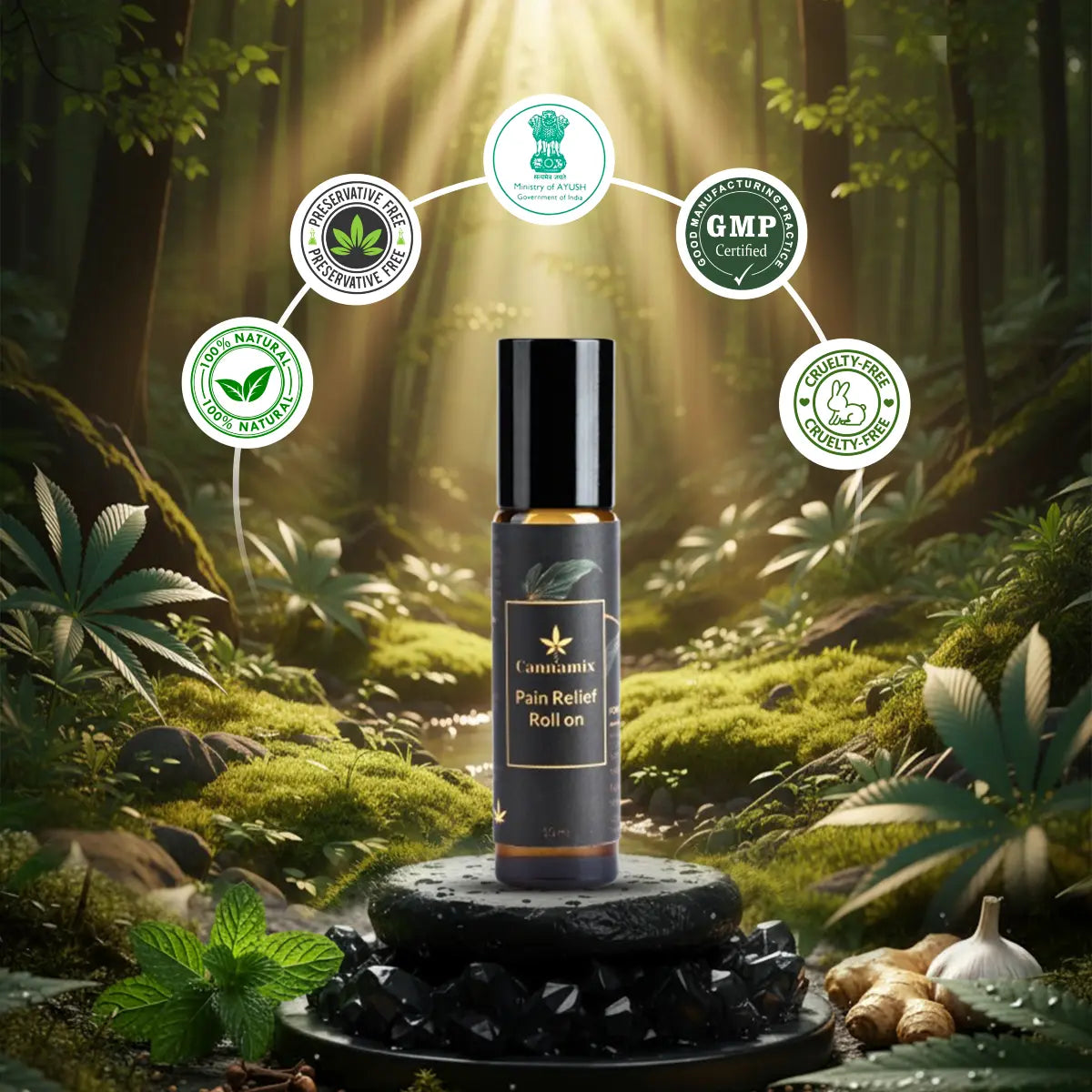 Cannabis pain relief roll on bottle with certification icons in a forest setting