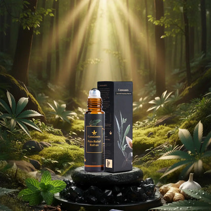 Cannamix Pain Relief Roll-on bottle and packaging in a forest setting with sunlight filtering through the trees.
