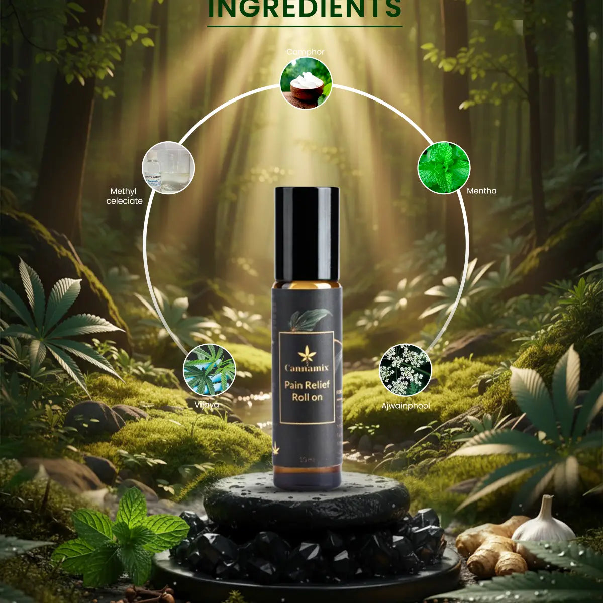 Pain relief roll on bottle with ingredients displayed against a forest background