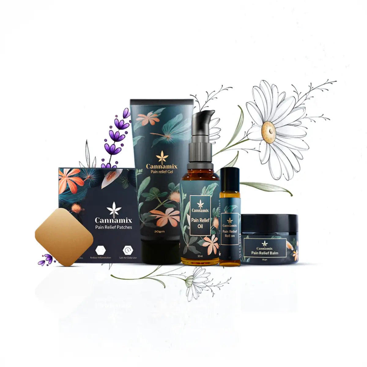 Cannamix pain relief products including a patch, oil, balm, and cream with floral design on packaging.