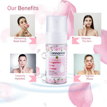 Load image into Gallery viewer, An advertisement for Cannarma Bulgarian Rose Water Oil. The image highlights its luxury skincare benefits: refreshing rose scent, skin cleanser, instant hydration, and pore tightening. It features photos of women applying or enjoying the product in the four corners around the bottle.
