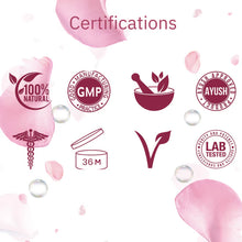 Load image into Gallery viewer, Cannarma Rose Water Oil certifications: 100% Natural, GMP, AYUSH, lab-tested, 36m shelf life, vegan. Shop now for your skincare!
