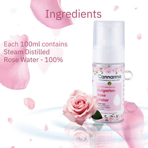 Cannarma Bulgarian Rose Water spray bottle with roses. 100% steam distilled rose water. Perfect for skincare.