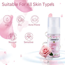 Load image into Gallery viewer, Cannarma Rose Facial Toner for all skin types. Product bottle with rose on pink background. Oily, dry, acne-prone, normal, sensitive icons shown.
