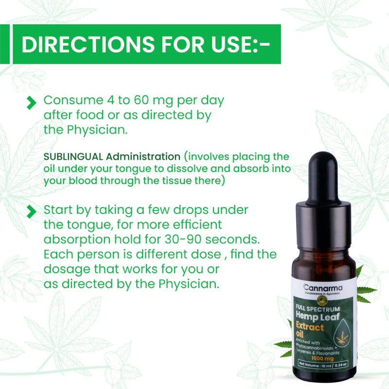 Cannarma Hemp Oil: Use 4-60mg daily as directed by doctor. Sublingual use recommended for optimal wellness. Product bottle shown.
