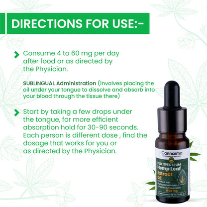 Cannarma Hemp Oil: Use 4-60mg daily as directed by doctor. Sublingual use recommended for optimal wellness. Product bottle shown.
