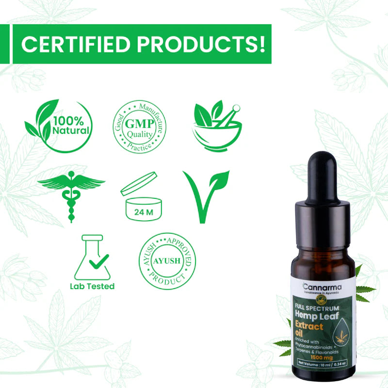 Cannarma Full Spectrum Hemp Leaf Extract Oil with certifications.
