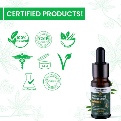 Cannarma Full Spectrum Hemp Leaf Extract Oil with certifications.
