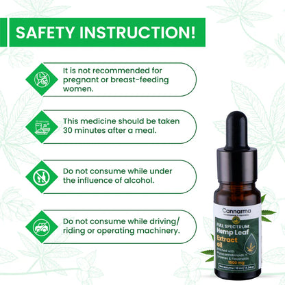 Cannarma Hemp Oil safety: Not for pregnant/breastfeeding. Take after meals. Avoid alcohol & driving.   Prioritize wellness.      