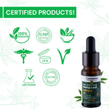 Load image into Gallery viewer, Image showing a bottle of Cannarma Full Spectrum Hemp Leaf Extract Oil with certification icons: &quot;100% Natural,&quot; &quot;GMP Quality,&quot; &quot;Lab Tested,&quot; and &quot;AYUSH Approved Product.&quot;
