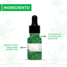 Load image into Gallery viewer, Cannarma&#39;s Hemp Extract Oil in a green dropper bottle with cannabis leaf pattern, featuring Full Spectrum Cannabis Leaf Extract Oil and MCT Oil for natural wellness.
