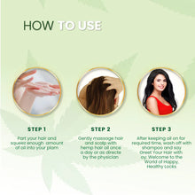 Load image into Gallery viewer, Instructional guide on how to use hemp hair oil in three steps, with images and text.
