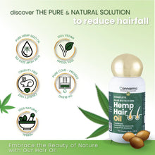 Load image into Gallery viewer, Promotional image for Cannarma Hemp Hair Oil with product features and bottle image with green leaves.
