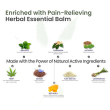 Load image into Gallery viewer, Pain-relieving herbal essentials of Cannarma Hemp Pain balm ingredients banner.
