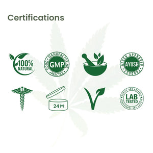 Certifications and logos of Cannarma Pain Relief Hemp Balm with 100% Natural, GMP, AYUSH approved badges.