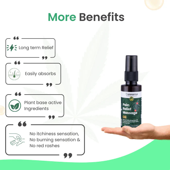 Ad for Cannarma Pain Relief Massage Oil: Experience long-term relief, easy absorption, and plant-based goodness.
