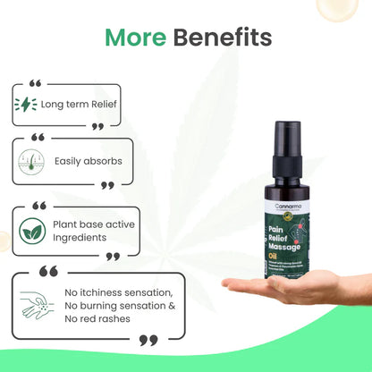  Ad for Cannarma Pain Relief Massage Oil: Experience long-term relief, easy absorption, and plant-based goodness.