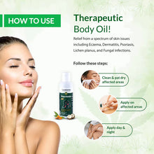 Load image into Gallery viewer, Advertisement for Cannarma Psoriasis Hemp Body Oil with instructions for use and an image of a woman touching her face.
