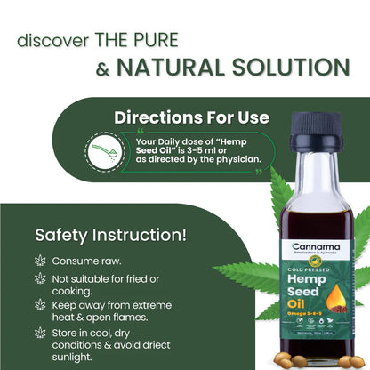 Promotional poster for cold-pressed hemp seed oil from Cannarma, highlighting usage instructions, and image.