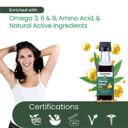 Promotional image of Cannarma Hemp Seed Oil with a smiling woman and certification icons.