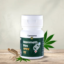 Load image into Gallery viewer, White plastic bottle labeled &quot;Cannarma Manmath Ras&quot; on a wooden surface with cannabis leaves and seeds.
