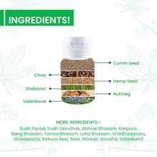 Load image into Gallery viewer, Image of a Manmath Ras Tablet bottle displaying six ingredients: cumin seed, clove, hemp seed, etc.,
