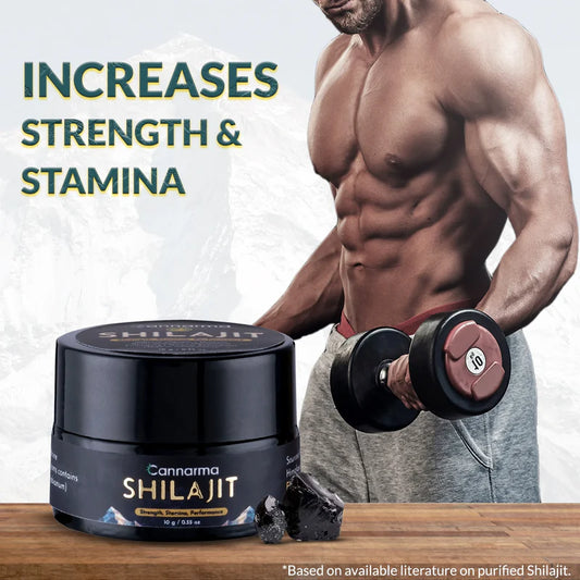 Ad for Cannarma Shilajit, featuring a muscular man, with the product and its chunks shown, highlighting its benefits.