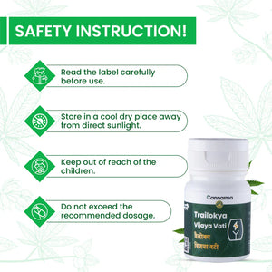 Safety instructions for a product, a bottle labeled "Cannarma Trailokya Vijaya Vati.