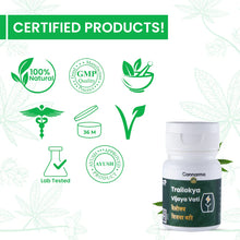 Load image into Gallery viewer, Certified Products banner, Trailokya Vijaya Vati bottle by Cannarma, and several certification icons in green.
