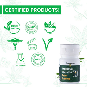 Certified Products banner, Trailokya Vijaya Vati bottle by Cannarma, and several certification icons in green.