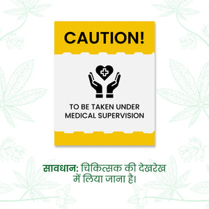 Poster with "CAUTION! To be taken under medical supervision" and cannabis leaf background.